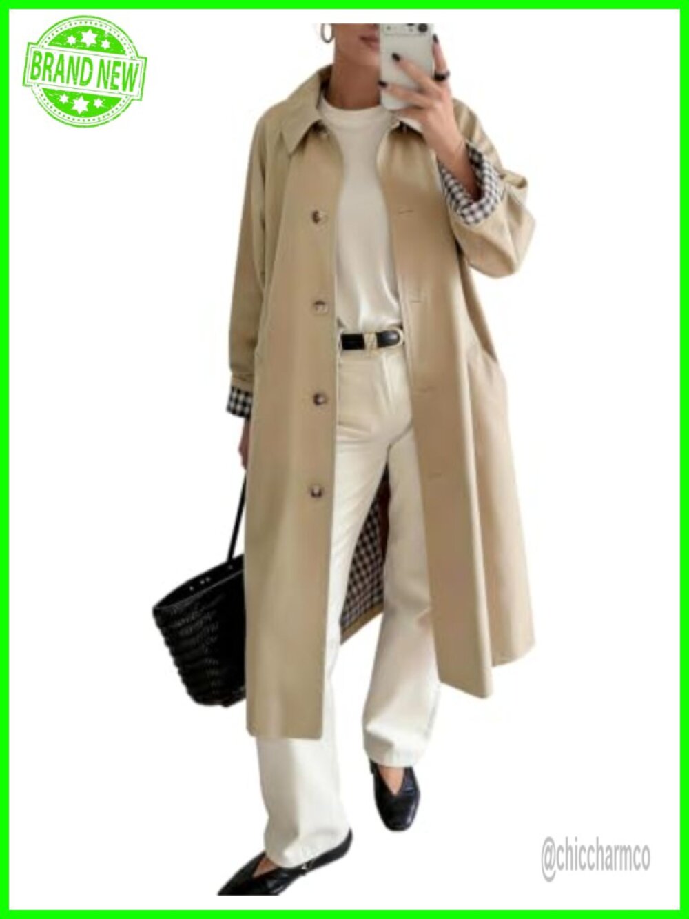 Women's Long Trench Coat Windproof Plaid Lining Oversized Relaxed Fit